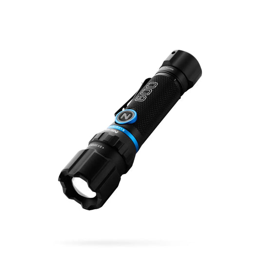 Nebo Blueline 600 Flex black flashlight with blue accent band and textured grip