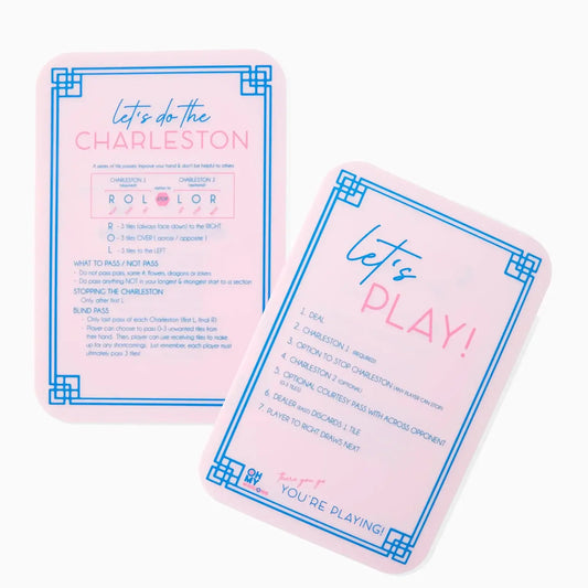 Oh My Mahjong Pink Shufflers pair, light pink cards with blue frame border and Charleston game rules