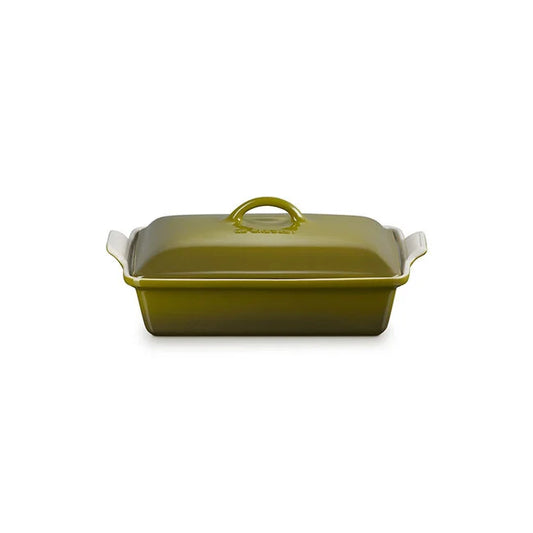Le Creuset Heritage rectangular casserole in olive green with matching lid and handles