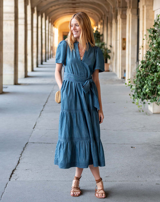 Mersea Pariscope maxi dress in blue denim with short sleeves and tiered ruffle skirt