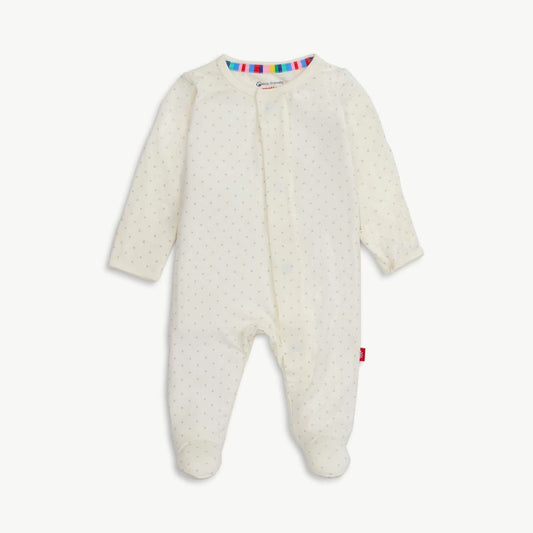 Magnetic Me Pin Dot Cream Footie in ivory with small dots, long sleeves, and colorful striped collar trim