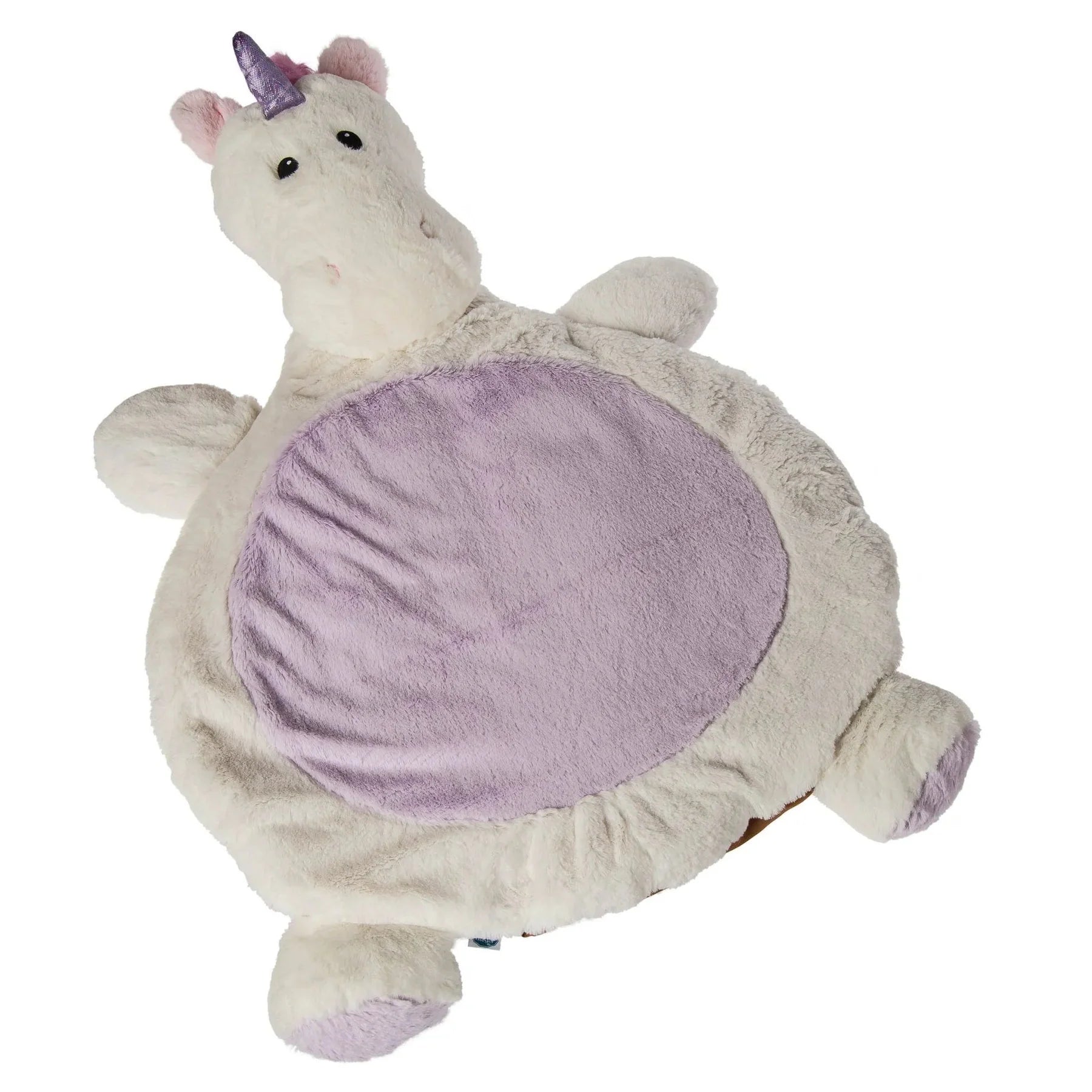 Mary Meyer unicorn baby mat with cream body, purple belly panel, and purple horn detail, top view