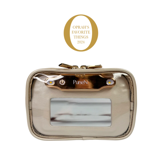 PurseN LittMini Lighted Mirror Case in champagne with gold light bar and mirror window, Oprah's Favorite Things 2024