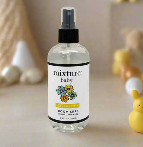 Mixture Baby Fresh Room Mist spray bottle with clear liquid, black sprayer, and colorful floral label