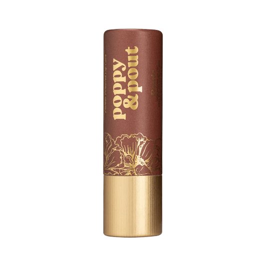 Poppy & Pout natural lip tint in brown cardboard tube with gold lettering and gold metal base, front view