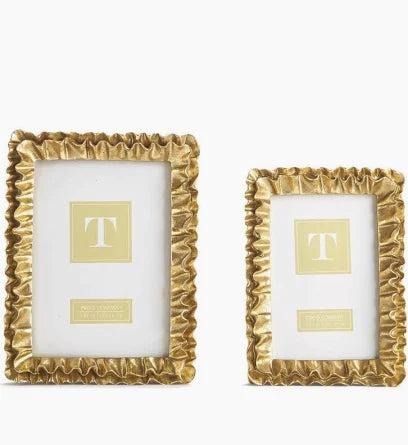Two's Company gold ruffled photo frames in two sizes with cream mats and gold monogram