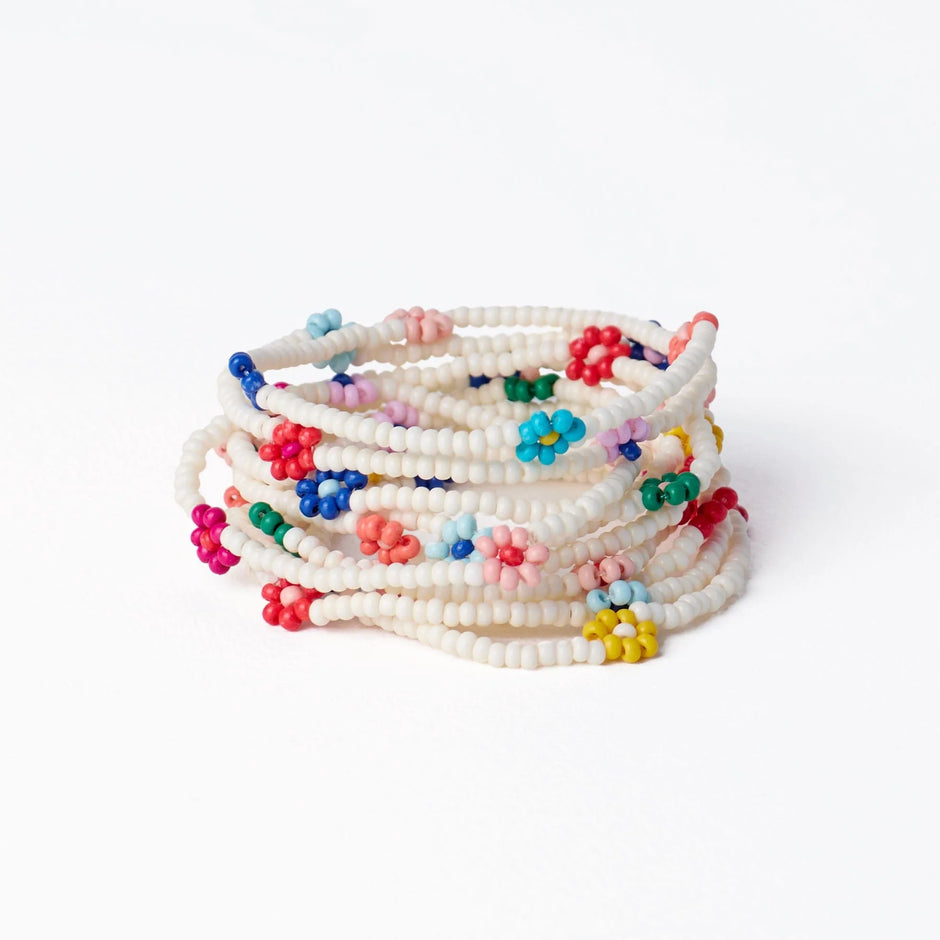 Ink + Alloy Sage Multicolor Flower Beaded 10 Strand Stretch Bracelets Ivory