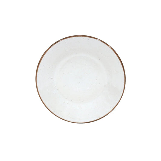 Costa Nova Sardegna salad plate, white with speckled glaze and tan rim, viewed from above