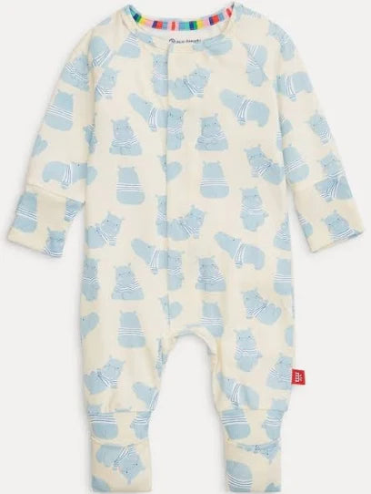 Magnetic Me Pudgemuffin Magnetic Coverall in cream with blue penguin print and rainbow neckline