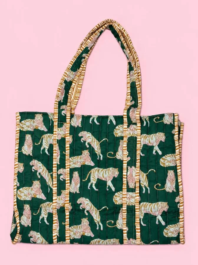 The Royal Standard Chloe Tiger Quilted Tote Emerald/Gold