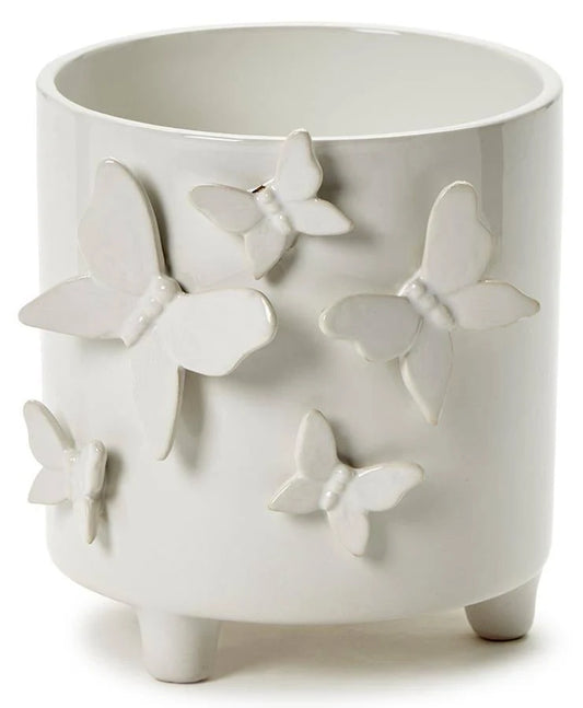 Two's Company white ceramic cachepot with applied butterfly details and small feet