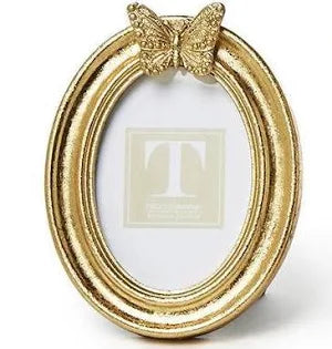 Two's Company golden oval butterfly photo frame with decorative bow detail, front view