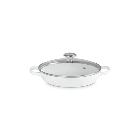 Le Creuset white enameled cast iron round braiser with glass lid and stainless steel handles