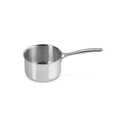 Le Creuset Signature stainless steel 3qt saucepan with measurement markings inside, lid removed