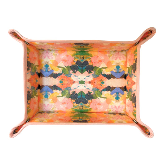 Laura Park Snap Tray with coral, orange, and navy floral pattern, viewed from above with handles extended