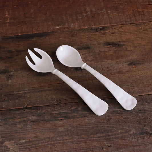 Beatriz Ball Vida Havana large white salad servers, fork and spoon pair on wood surface