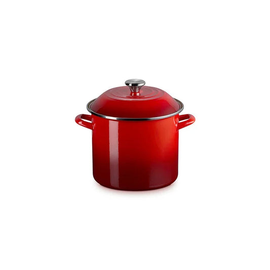 Le Creuset red enameled cast iron 10qt stockpot with matching red lid and handles, front view