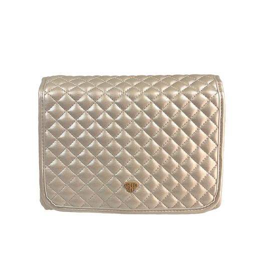 PurseN Toiletry Case in pearl with quilted texture and gold monogram hardware, front view