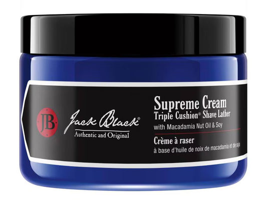Jack Black Supreme Cream 9.5 oz jar with deep blue container and black lid