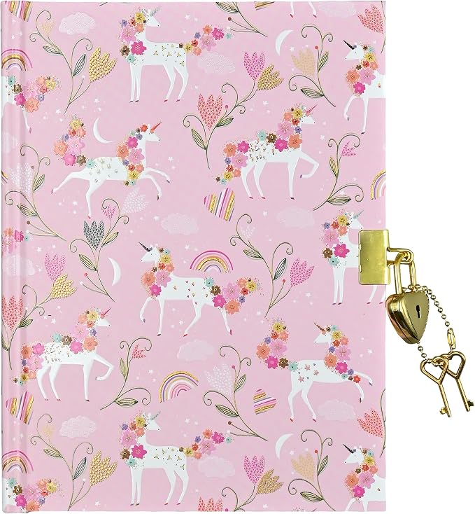 The Peter Pauper Unicorn Blooms Journal by Peter Pauper Press is a pink diary decorated with unicorns, flowers, rainbows, and clouds. It features a gold heart-shaped lock with two keys attached by a chain.