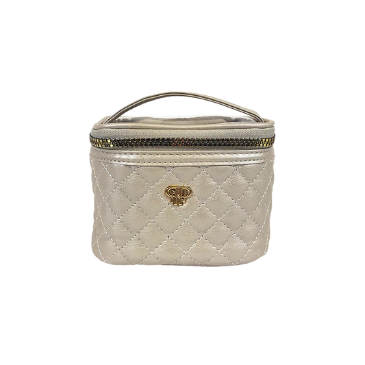 PurseN Getaway Jewelry Case in pearl with quilted design, gold hardware, and carry handle
