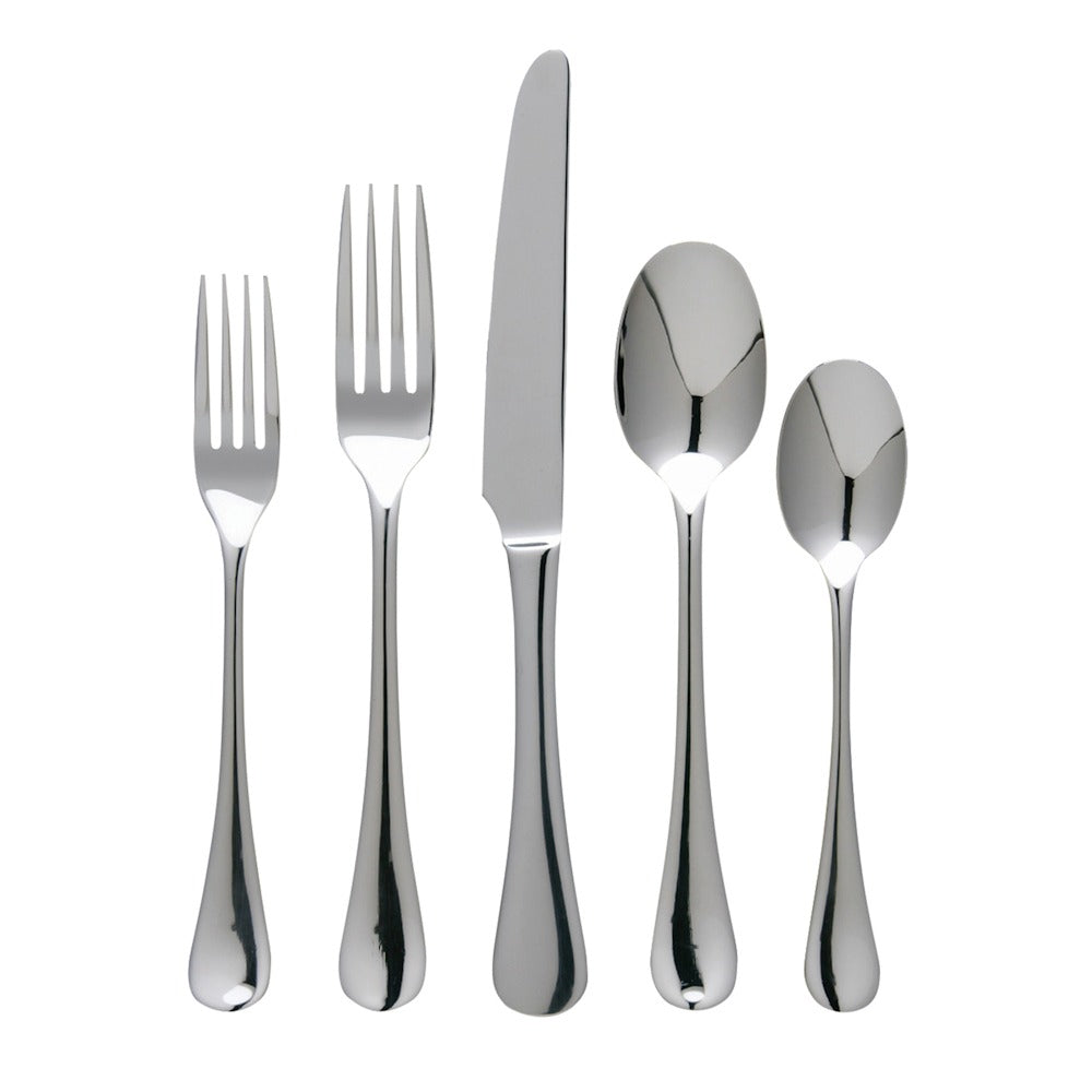 A set of five Ginkgo "Varberg" Stainless Flatware pieces by Gingko—two forks, one knife, one tablespoon, and one teaspoon—are arranged vertically against a white background.