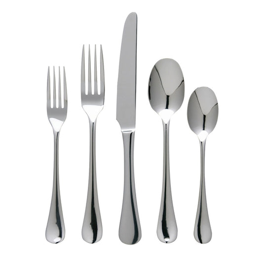 A set of five Ginkgo "Varberg" Stainless Flatware pieces by Gingko—two forks, one knife, one tablespoon, and one teaspoon—are arranged vertically against a white background.