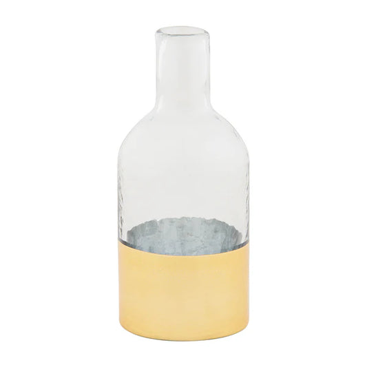 Mudpie clear glass bottle vase with gold lower band, tapered neck