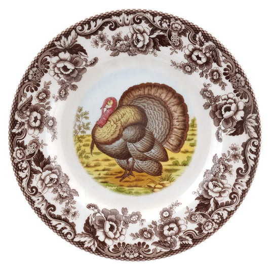 Spode Woodland Salad Plate with brown floral border and hand-painted turkey center