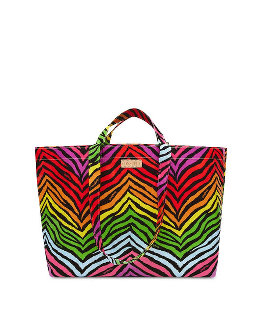 Consuela Grab 'n' Go Jumbo tote with rainbow ombré chevron zebra stripe pattern in red, pink, purple, yellow, green, and white