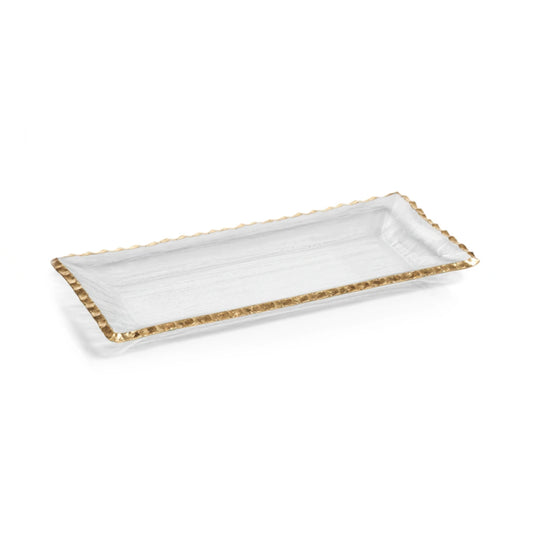 Zodax textured rectangle tray with white interior and jagged gold rim, 19.75 inches
