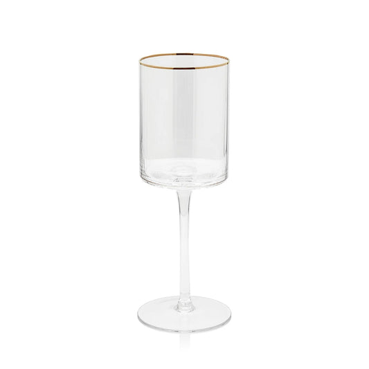 The Zodax "Ottica" wine or water glass by Zodax features a clear cylindrical bowl, a slender stem, and a gold rim at the top, set against a plain white background.